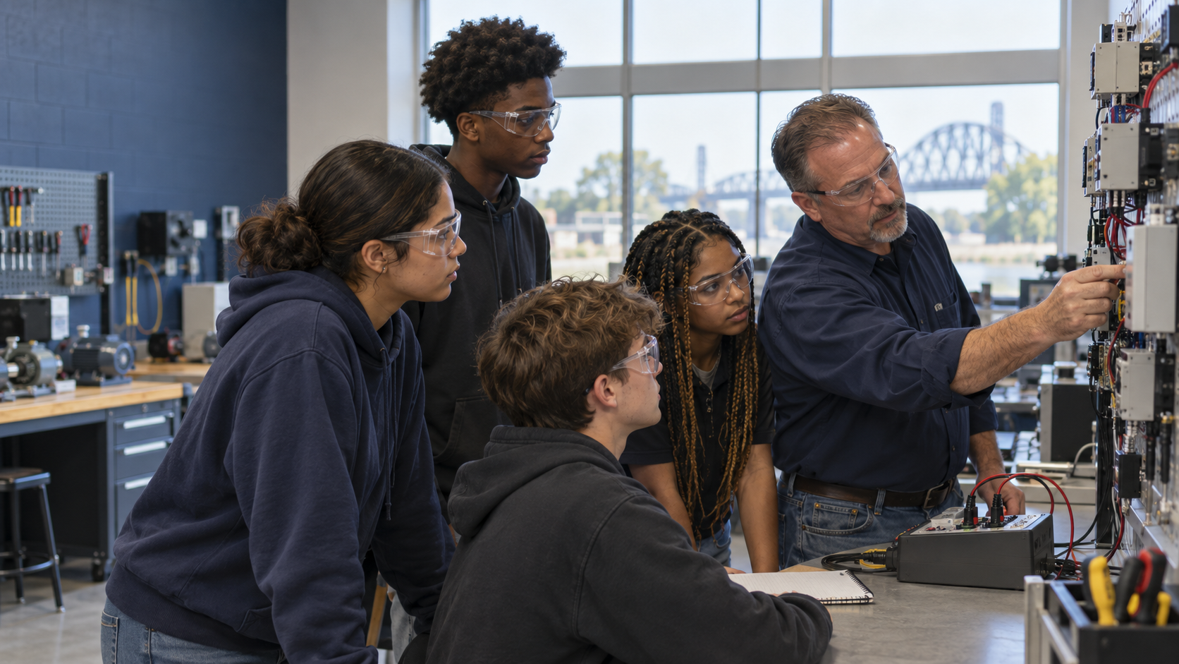 Conceptual editorial image of students learning electrical skills with an instructor