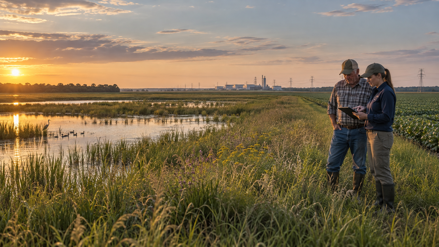Conceptual editorial image of agricultural and environmental stewardship in the Mississippi Delta