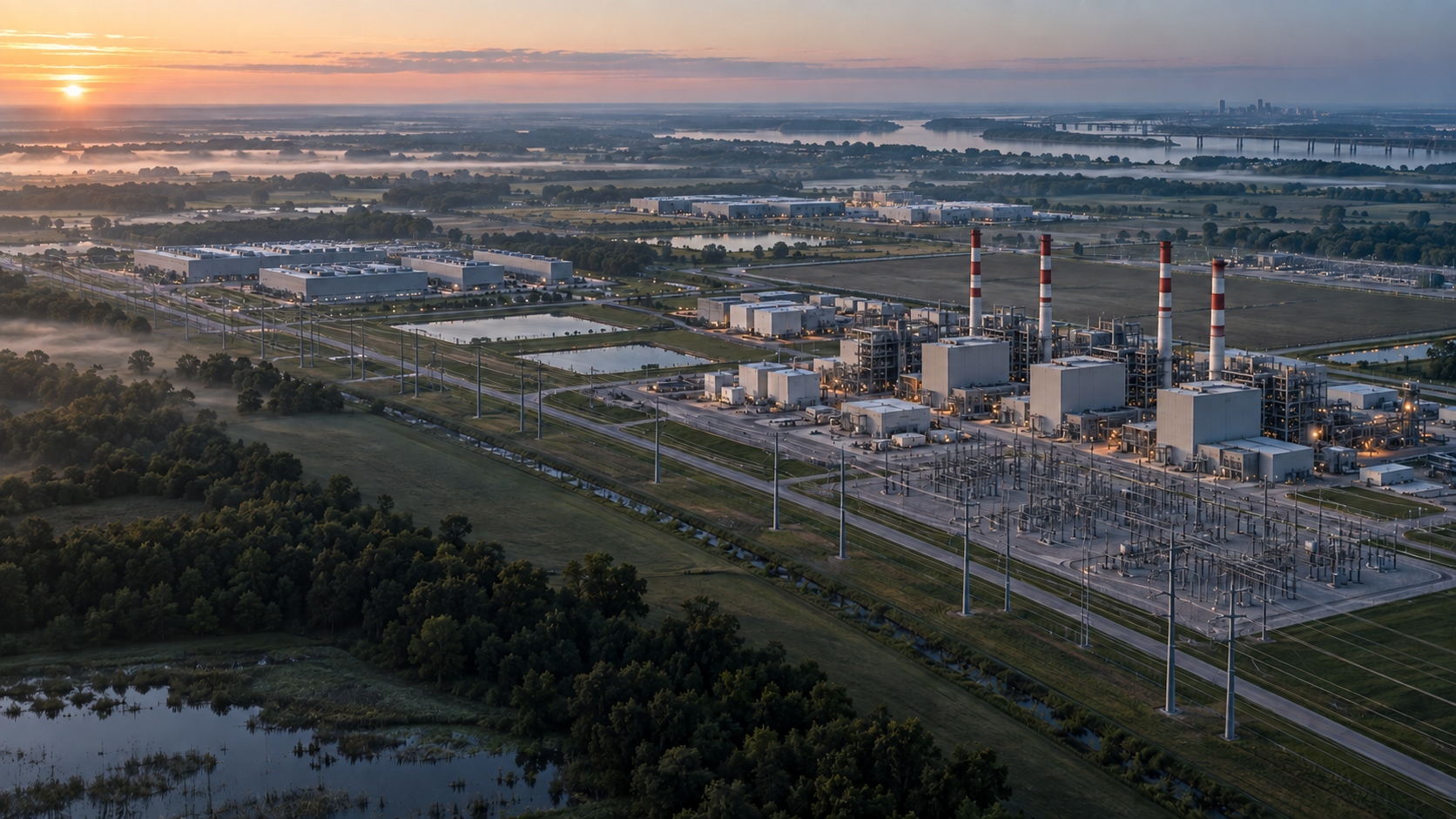 Conceptual aerial view of energy and infrastructure near the Mississippi River